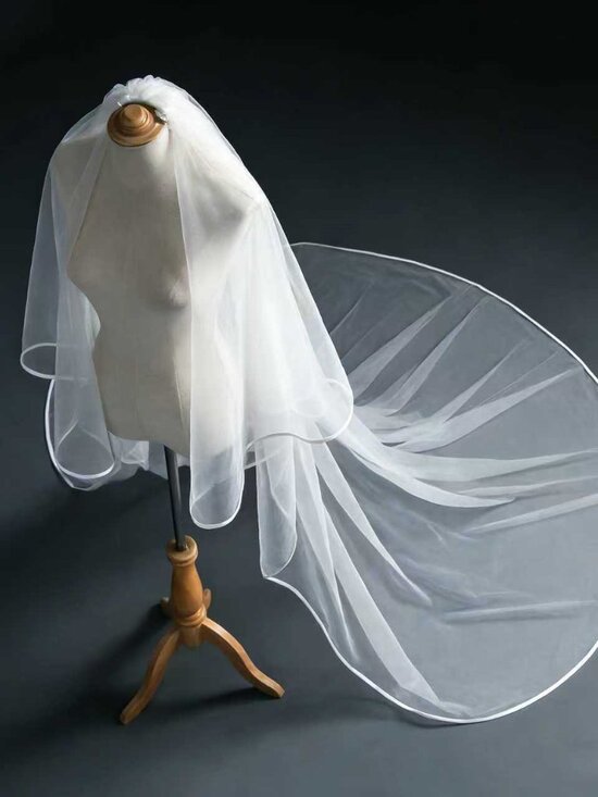 2 Tier Cathedral Wedding Veil Ribbon Edge Bridal Veil W/ Blusher White 3m main image 2